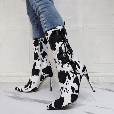 New fashion women ankle boots stiletto heels boots pointed toe gorgeous cow pattern party shoes ladies