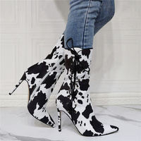 New Fashion Women Ankle Boots Stiletto Heels Boots Pointed Toe Gorgeous Cow Pattern Party Shoes Ladies - Thumbnail 2