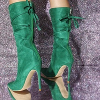 Calf Boots Suede Back Zip Pointed Toe Thin High Heels Tall Boots Shoes Women - Thumbnail 3