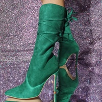 Calf Boots Suede Back Zip Pointed Toe Thin High Heels Tall Boots Shoes Women - Thumbnail 4