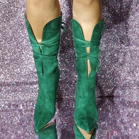 Calf Boots Suede Back Zip Pointed Toe Thin High Heels Tall Boots Shoes Women - Thumbnail 2