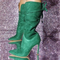 Calf Boots Suede Back Zip Pointed Toe Thin High Heels Tall Boots Shoes Women - Thumbnail 1