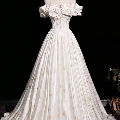 Lovely butterfly print satin long ball gown, a-line off the shoulder party dress