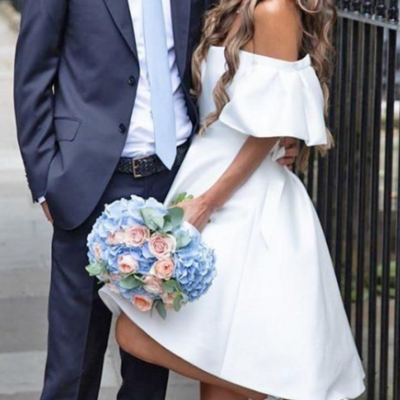 Simple off the shoulder short sleeve tea-length boho wedding dresses