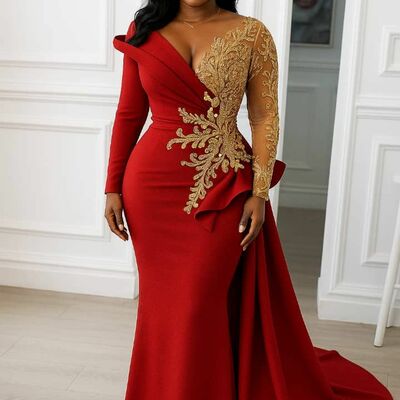 Plus size mermaid prom dress gold appliques evening formal dress african girls birthday party gown