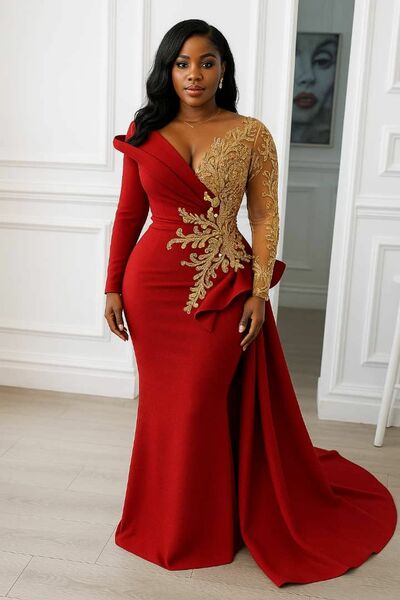 Plus Size Mermaid Prom Dress Gold Appliques Evening Formal Dress African Girls Birthday Party Gown