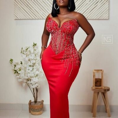 Red mermaid prom dress beading crsytals evening formal dress african girls birthday party gown