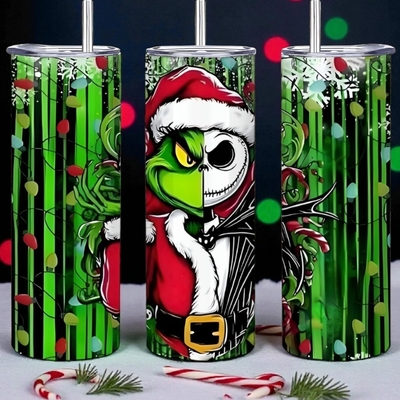 Grinch & jack skellington mashup tumbler - santa suit christmas lights 20 oz skinny sublimation