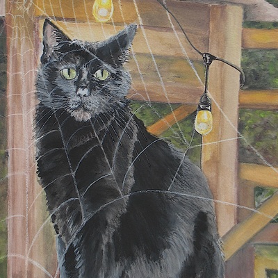 Black cat behind a spider web, original watercolor painting by n.e.thompson, artwork size 9x12 inches