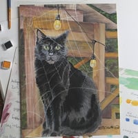 Black Cat Behind A Spider Web, Original watercolor painting by N.E.Thompson, Artwork size 9x12 inches - Thumbnail 1