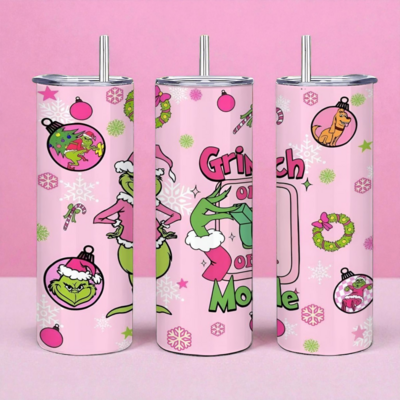 Fashionable Pink Grinch Mode Christmas Tumbler - Grinch in Pink Santa Suit with Max, Grinch Mode On, 20 oz Skinny Sublimation