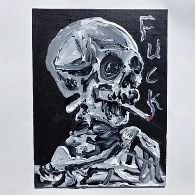 Skull of a skeleton with burning cig with obscenity  - Thumbnail 1