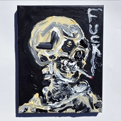 Skull of a skeleton with burning cig with obscenity 