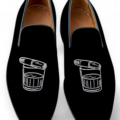Crafted leather classic black velvet embroidery flat loafers dress shoes