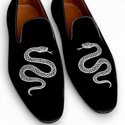 Crafted leather black velvet embroidery loafers dress shoes