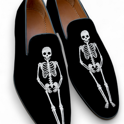 Crafted leather black velvet embroidery loafers dress shoes