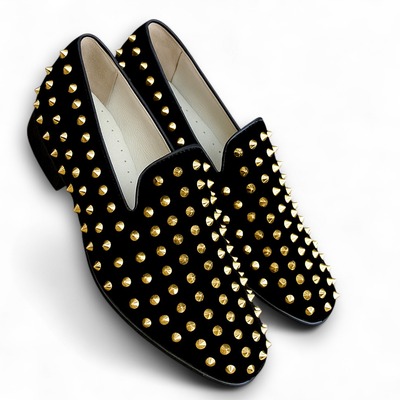 Crafted leather classic black velvet gold studded loafers shoes prom wedding loafers