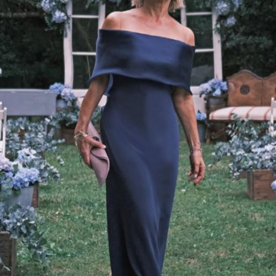 Elegant sheath off the shoulder navy blue mother of the bride dress prom dress