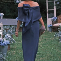 Elegant Sheath Off the Shoulder Navy Blue Mother of the Bride Dress Prom Dress - Thumbnail 1