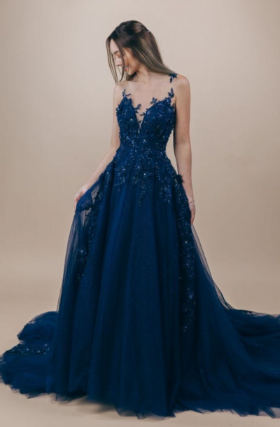 Mermaid Blue A Line Tulle Lace Appliques Prom Dress Formal Evening Dresses