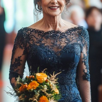 Vintage a line navy blue lace mother of the bride dress formal prom dress