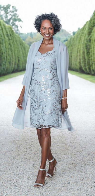 Sheath Blue Knee Length Mother of Bride Dress Evening Dress With Sequins 