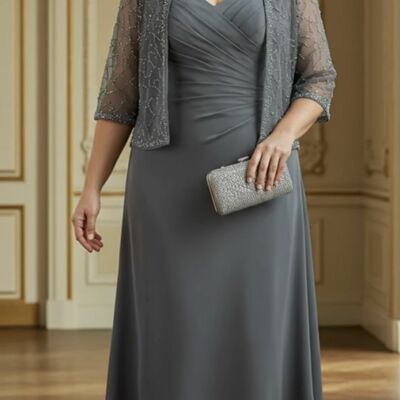 Plus size grey a line chiffon lace tea-length mother of bride/groom dress evening formal gowns 