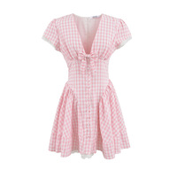 Pink Plaid Bow Lace Dress - Thumbnail 1