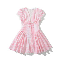 Pink Plaid Bow Lace Dress - Thumbnail 3