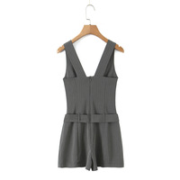 Fashion retro striped belt jumpsuit skirt with belt short dress - Thumbnail 1