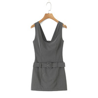 Fashion retro striped belt jumpsuit skirt with belt short dress - Thumbnail 2