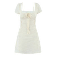 Lace-trimmed pleated puff sleeve short waist slimming skirt dress - Thumbnail 1