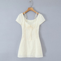 Lace-trimmed pleated puff sleeve short waist slimming skirt dress - Thumbnail 3