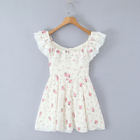 Off-the-shoulder floral and ruffled lace collar dress with cheese yellow print - Thumbnail 1