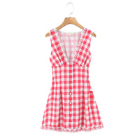 Retro Sexy V-Neck Plaid Waist Sleeveless Dress - Thumbnail 2