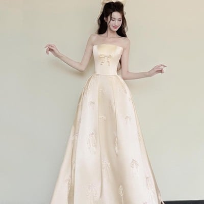 Beautiful yellow satin long a-line prom pary dress - Thumbnail 1