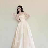 Beautiful Yellow Satin Long A-Line Prom Pary Dress - Thumbnail 1