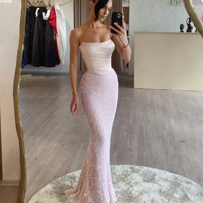 Customized sequin mermaid strapless backless robes de soirée sleeveless party dresses floor-length beading prom dress