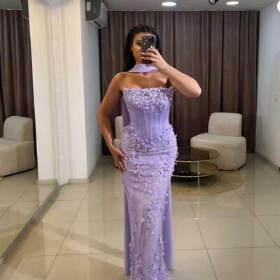 Customize purple glitter 3d flowers robes de soirée mermaid strapless backless prom dresses floor-length evening formal dress