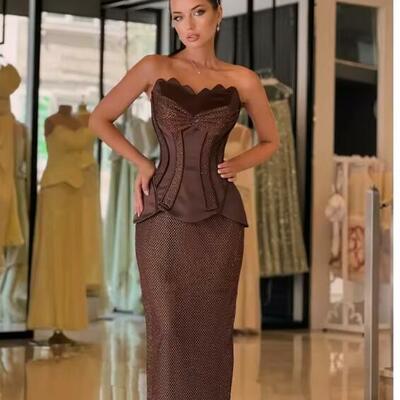 Customized brown sequins strapless backless sleeveless robes de soirée two-piece set party dresses side slit prom dress