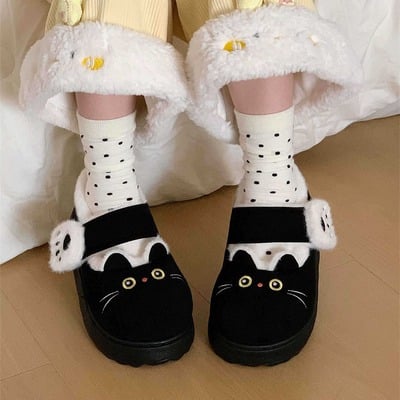 Cute kitten claw velcro mary jane fleece shoes