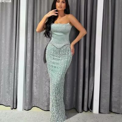 Customized beading strapless mermaid robes de soirée strapless backless sleeveless party dresses floor-length prom dress
