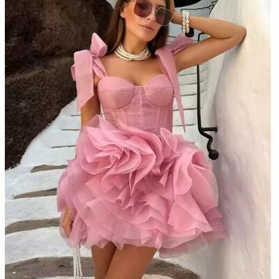 Tulle ball gown multilayer robes de soirée thigh-length spaghetti strap evening dresses cocktail party dress