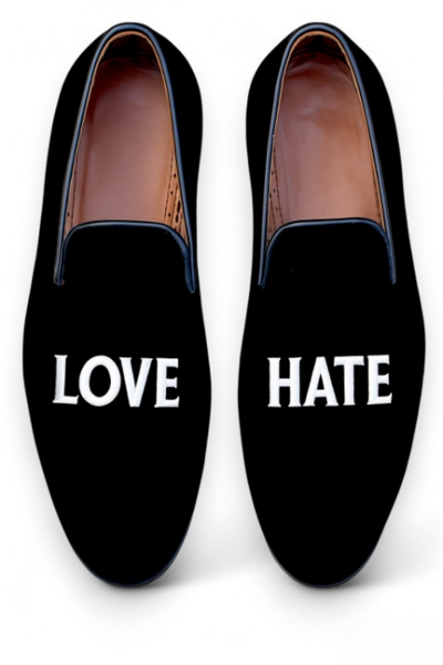 Crafted Leather Classic Black Velvet Shoes Embroidery LOVE HATE Loafers