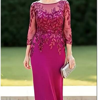 Hot pink fuchsia sheath tea-length appliques mother of bride/groom dress evening formal gowns 