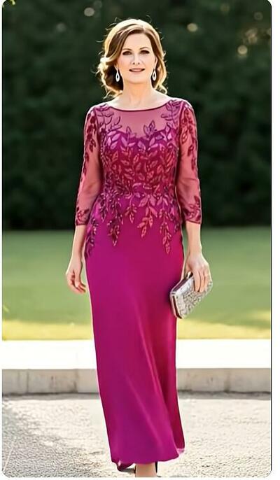Hot Pink Fuchsia Sheath Tea-length Appliques Mother of Bride/Groom Dress Evening Formal Gowns 