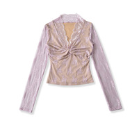 Sheer lace trim V-neck long-sleeved short-length base layer T-shirt - Thumbnail 1