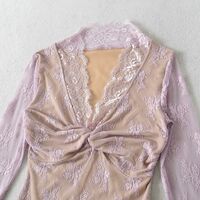 Sheer lace trim V-neck long-sleeved short-length base layer T-shirt - Thumbnail 2