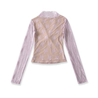 Sheer lace trim V-neck long-sleeved short-length base layer T-shirt - Thumbnail 3