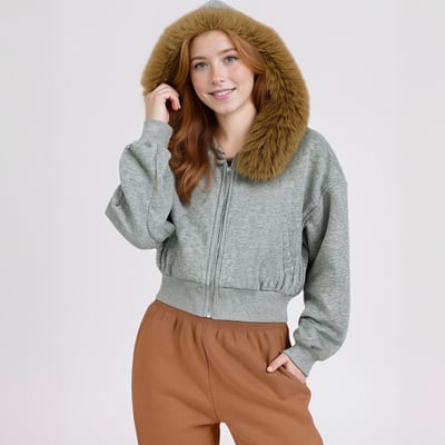 Autumn/winter warm hooded long-sleeved fleece-lined jacket/sweatshirt with detachable fur collar - Thumbnail 1